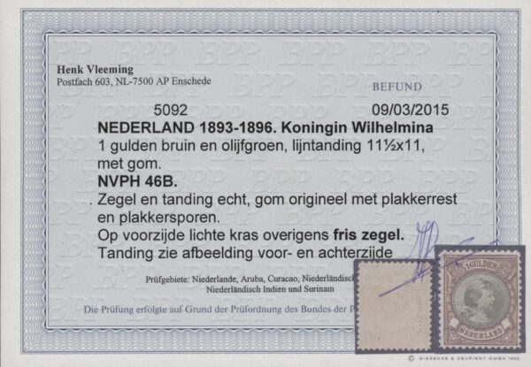 Frankeerzegel Nederland NVPH nr. 46B ongebruikt  met Vleeming attest - Afbeelding 2