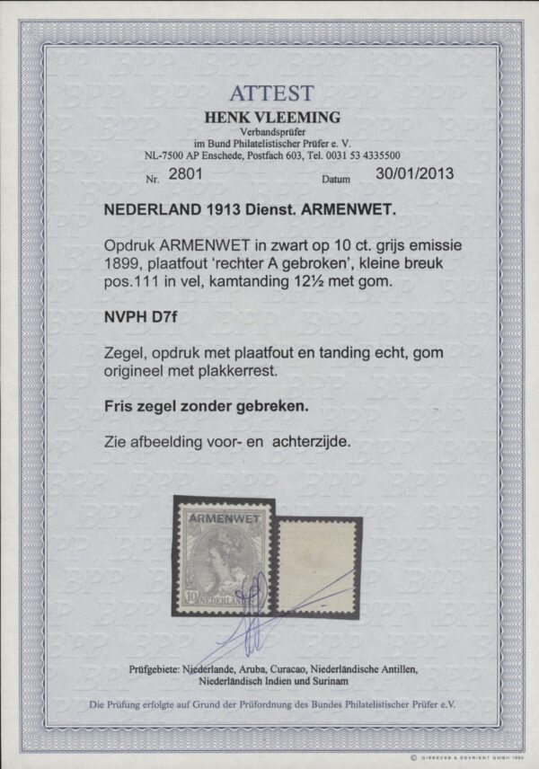 Dienstzegel Nederland NVPH nr. D7f ongebruikt met certificaat Vleeming - Afbeelding 2