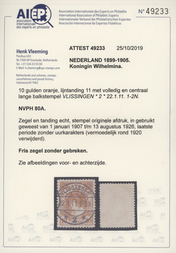 Frankeerzegel Nederland NVPH nr. 80A gestempeld met Vleeming attest - Afbeelding 2
