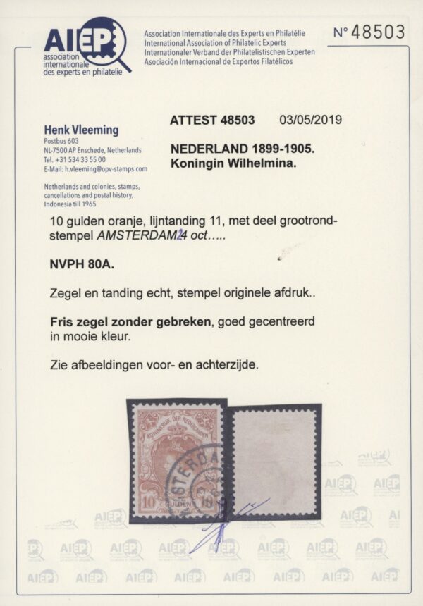 Frankeerzegel Nederland NVPH nr. 80A gestempeld met Vleeming attest - Afbeelding 2
