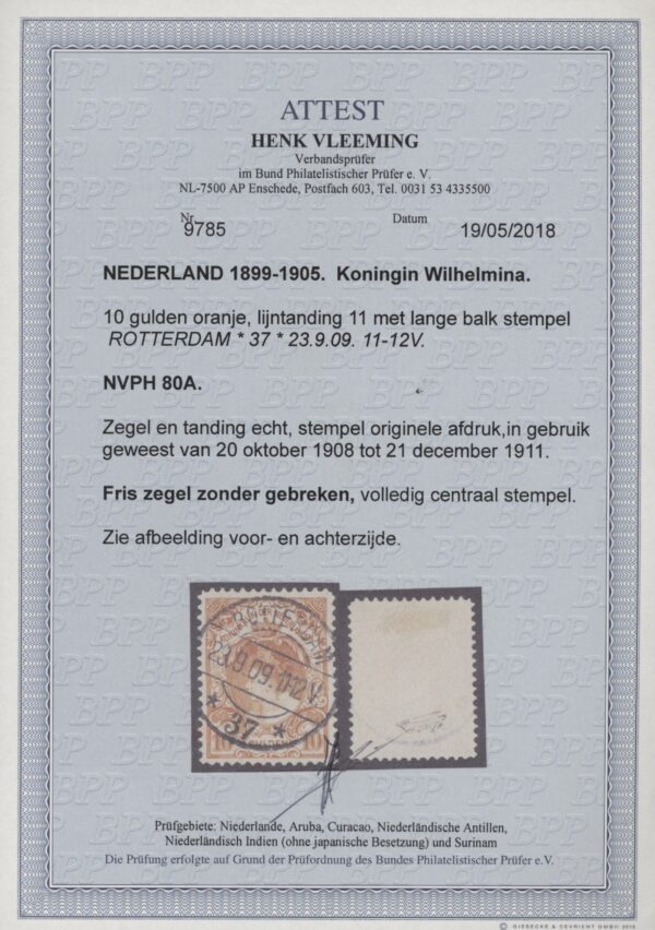 Frankeerzegel Nederland NVPH nr. 80A gestempeld met Vleeming attest - Afbeelding 2