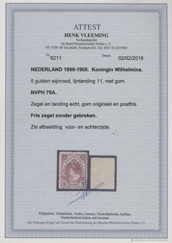 Frankeerzegel Nederland NVPH nr. 79A postfris met certificaat Vleeming - Afbeelding 2