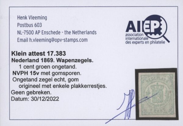 Frankeerzegel Nederland NVPH nr.15v ongebruikt met klein attest Vleeming - Afbeelding 2