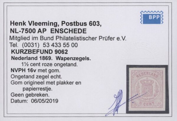 Frankeerzegel Nederland NVPH nr.16v ongebruikt met kurzbefund Vleeming - Afbeelding 2