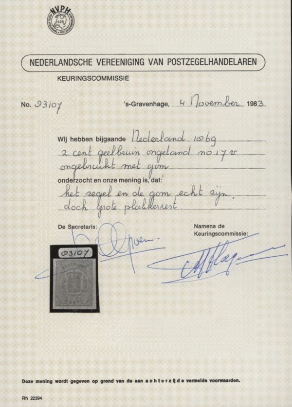 Frankeerzegel Nederland NVPH nr.17v ongebruikt met certificaat NVPH - Afbeelding 2