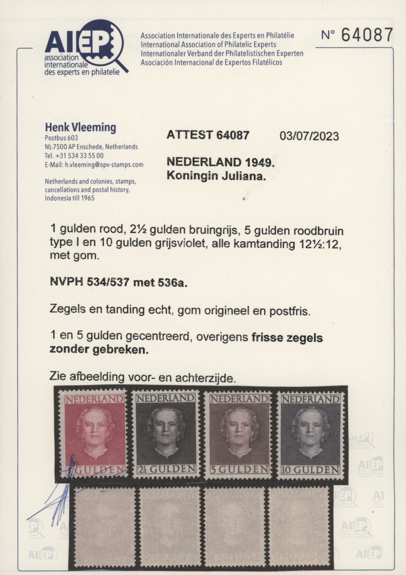 Frankeerzegels Nederland NVPH nrs. 534-537 postfris met Vleeming certificaat - Afbeelding 2