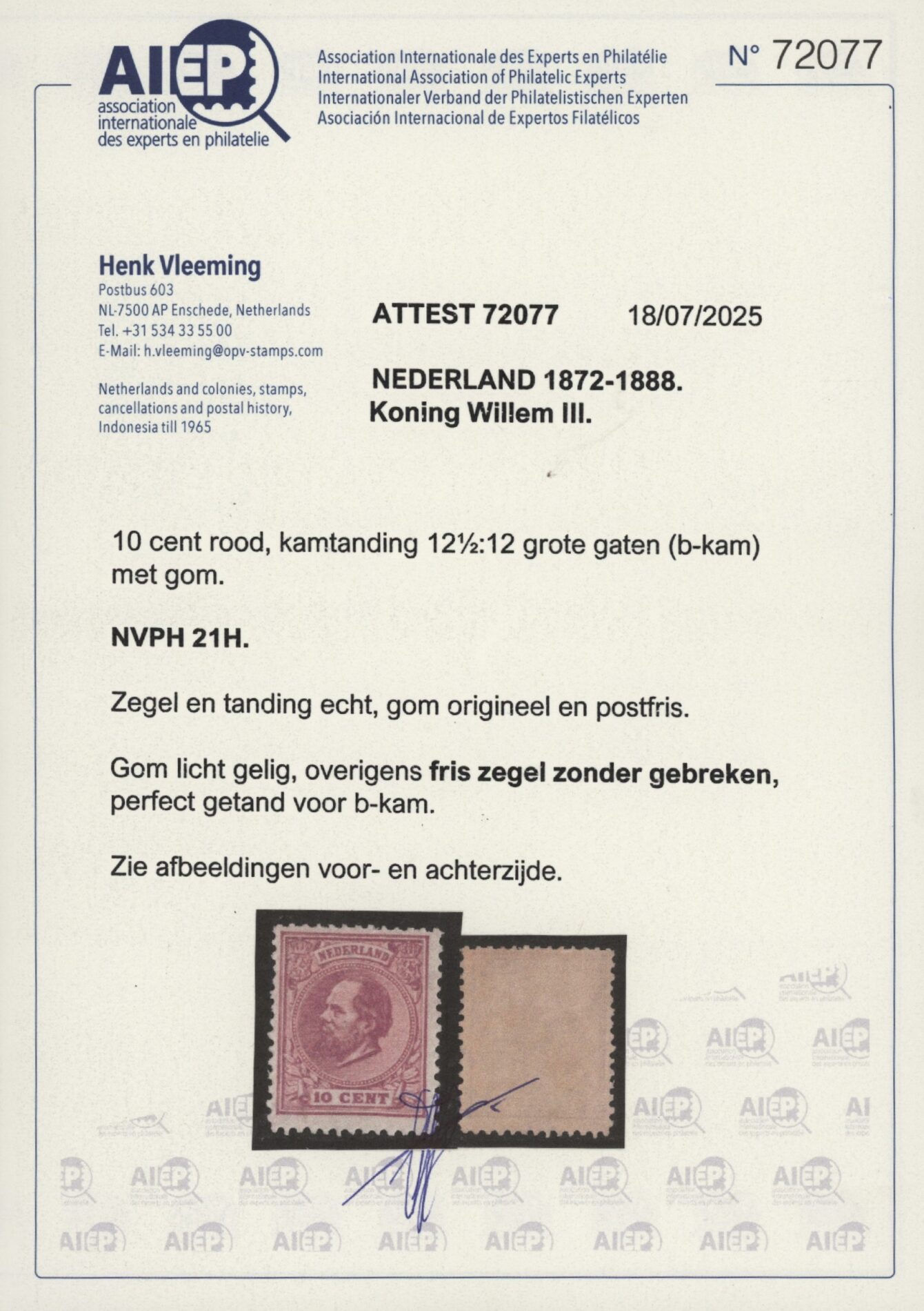 Frankeerzegel Nederland NVPH nr. 21H postfris met Vleeming certificaat - Afbeelding 2