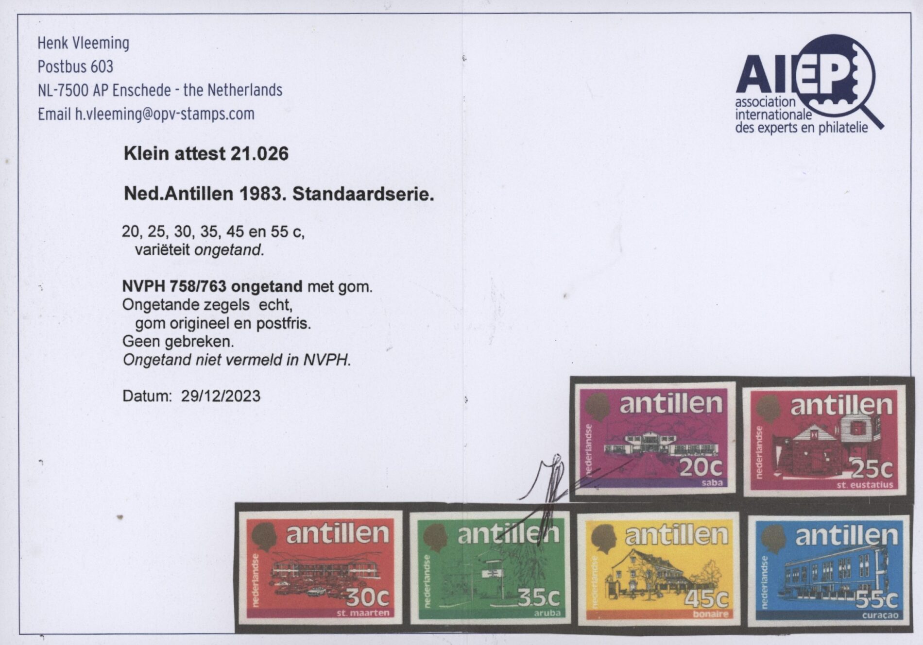Frankeerzegels Ned.Antillen NVPH nrs. 758-763 ongetand postfris met attest Vleeming - Afbeelding 2