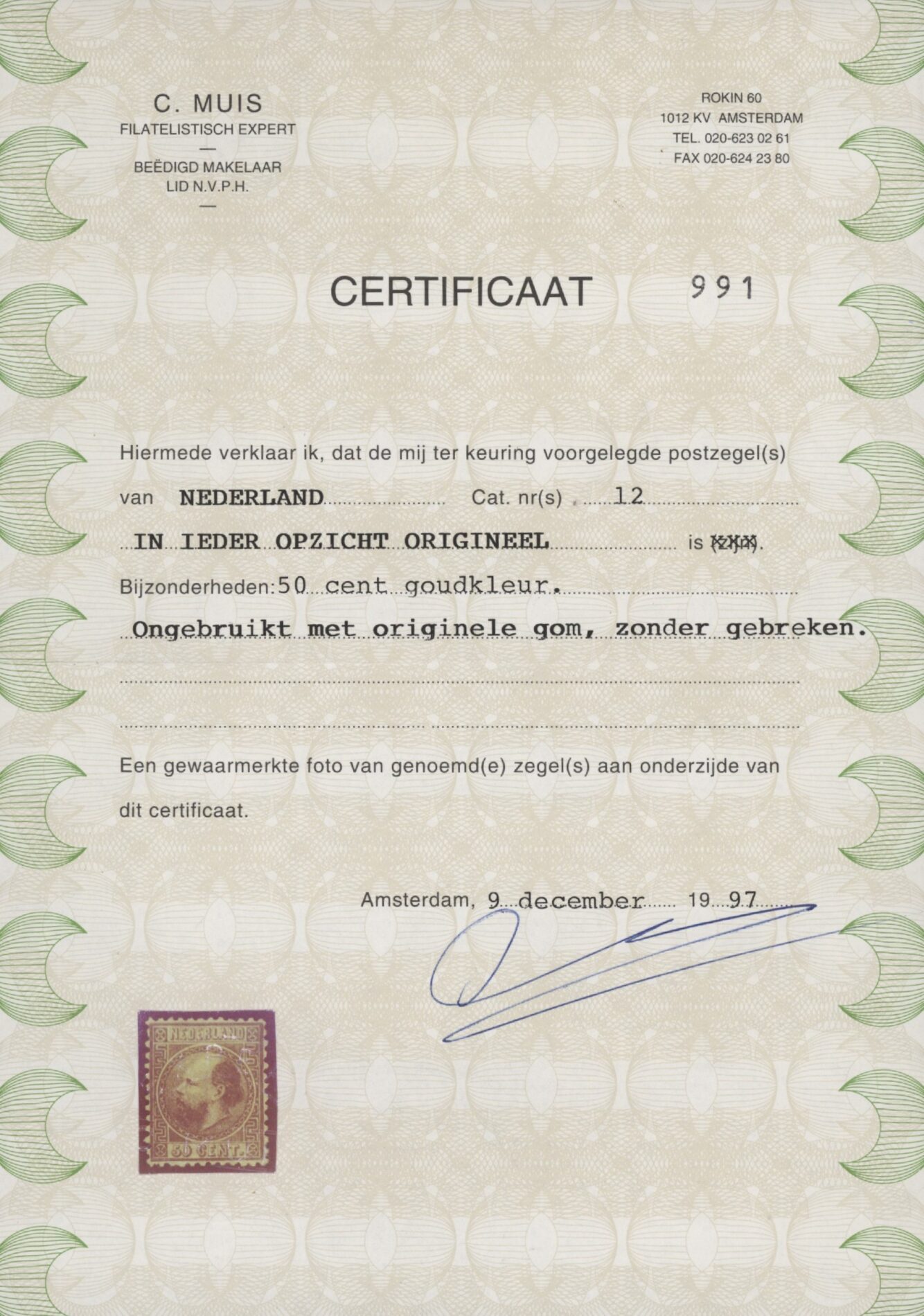 Frankeerzegels Nederland NVPH nr. 12IA ongebruikt met certificaat Vleeming - Afbeelding 3