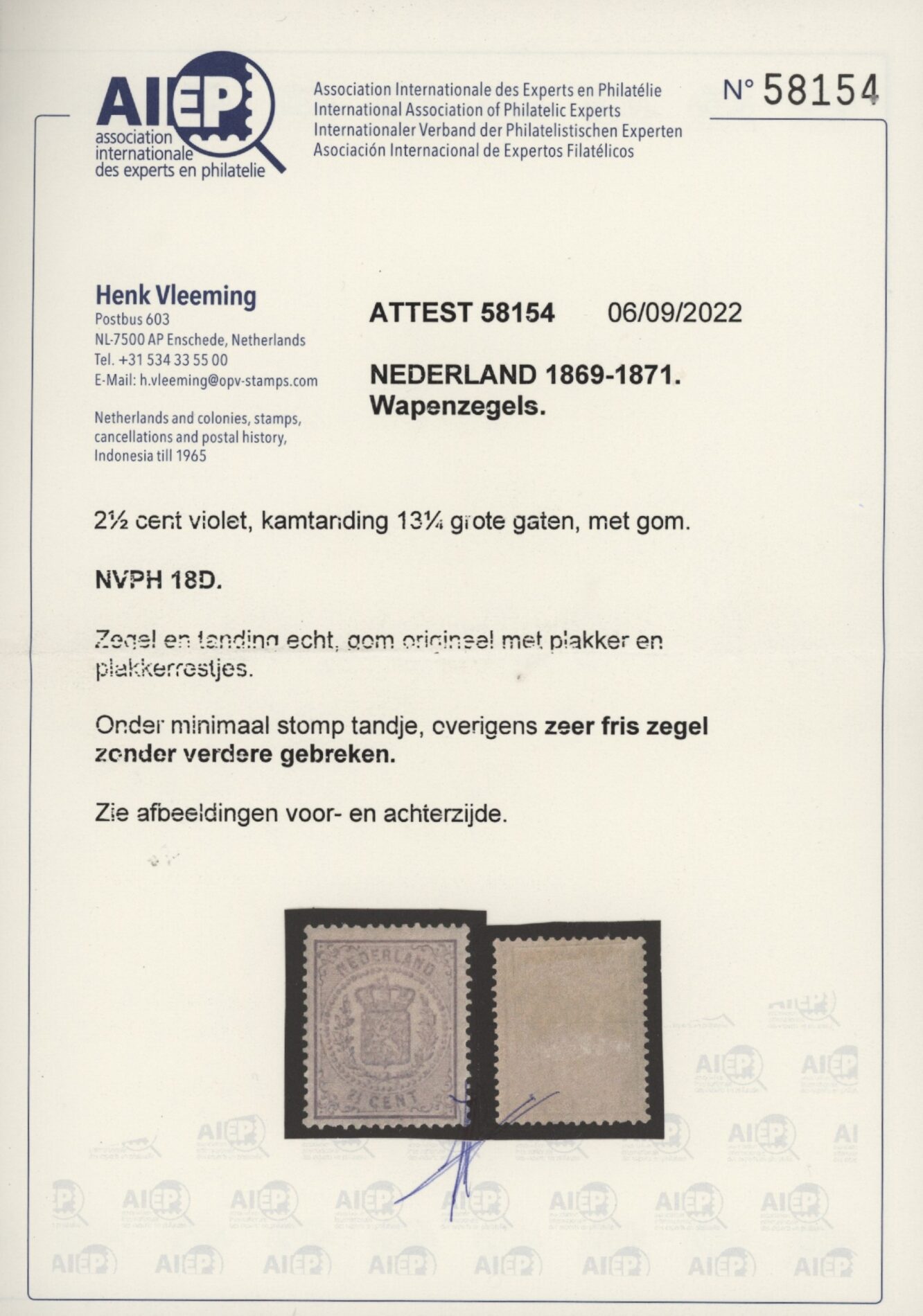 Frankeerzegel Nederland NVPH nr. 18D ongebruikt met Vleeming attest (II) - Afbeelding 2