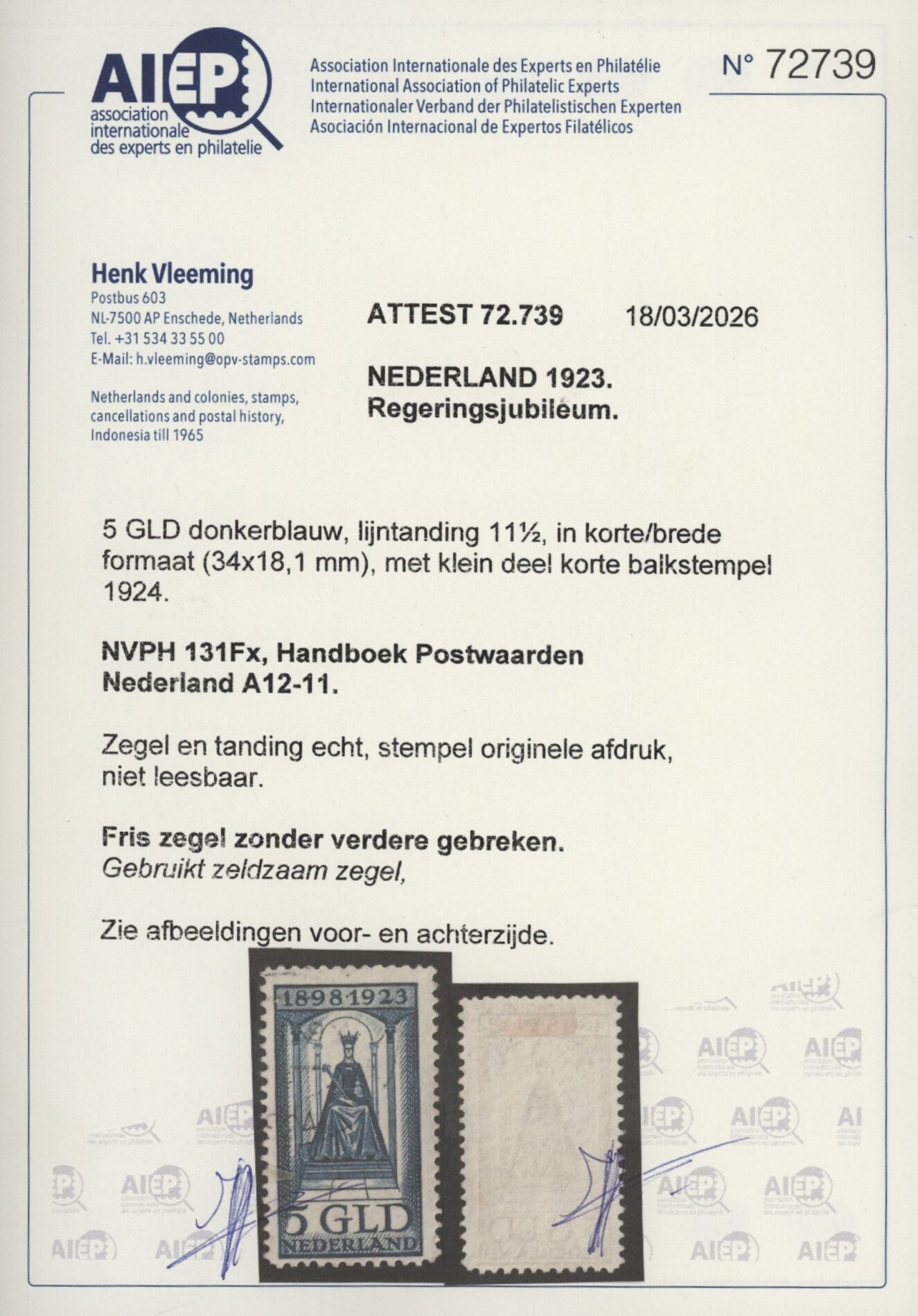 Frankeerzegels Nederland NVPH nr. 131Fx gestempeld met certificaat Vleeming - Afbeelding 2